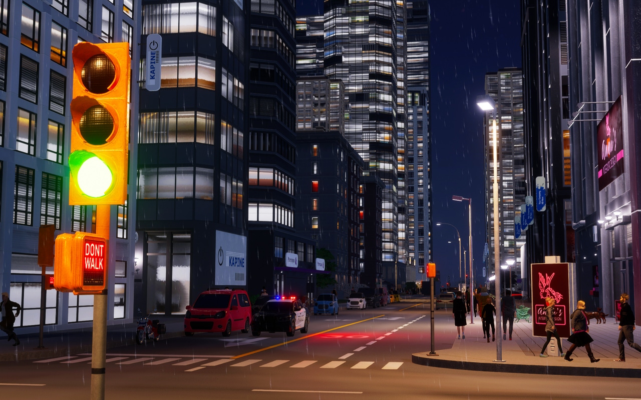 a view of city buildings at night