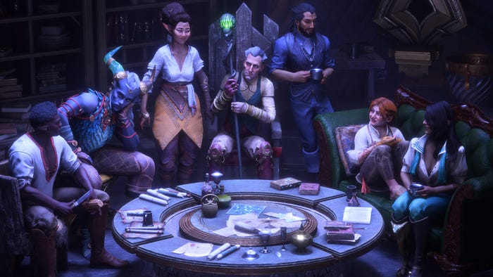 A screenshot of Dragon Age: The Veilguard. 7 party members of various fantasy races gather around a table.