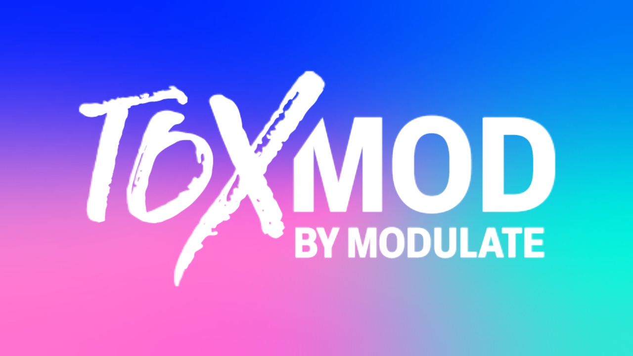 The Toxmod logo on a blue, turquoise and pink field