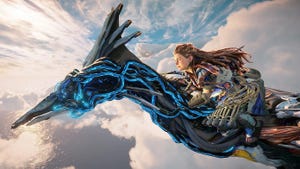 Aloy rides a flying Sunwing in Horizon Forbidden West.