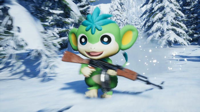 A monkey-looking Pal with an AK-47 sprints through the snow in Palworld.