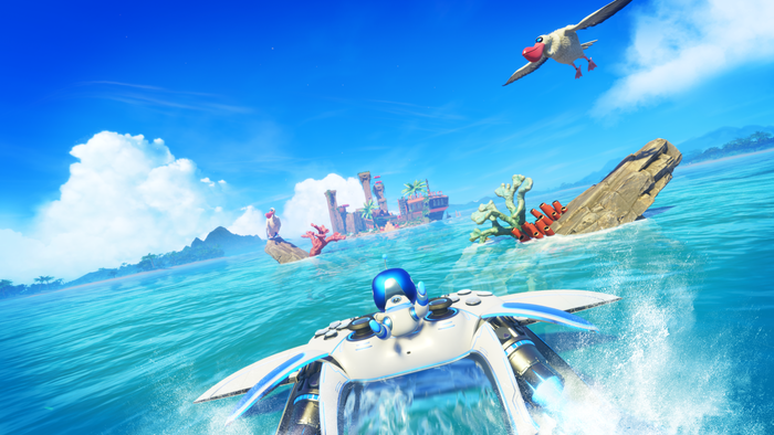 Astro Bot rides a PS5 Dualsense aircraft over water