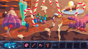 surreal pixel art landscape featuring sweets