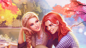 Two young women at the park in key art for Pixelberry's Choices!.