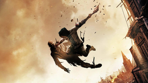 A survivor kicking a zombie out of a building in Dying Light 2 Stay Human.