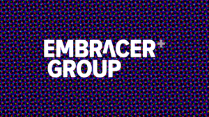 The Embracer logo on a stylized background