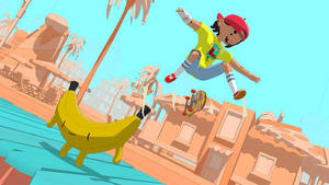 A skater in OlliOlli World doing a kick flip