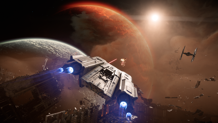 The player character's ship battles TIE Fighters in Star Wars Outlaws.