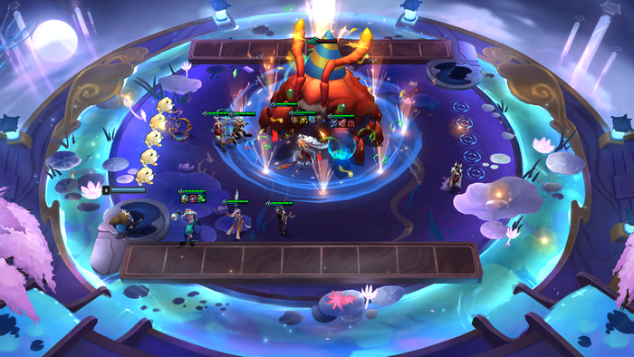 A screenshot of Teamfight Tactics gameplay. Many small champions face off with a giant crab with a party hat.